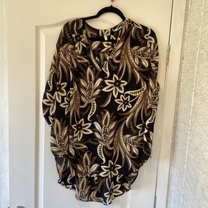 Cato Black Floral Print Blouse with Cream and Brown Accents 22/24W EUC